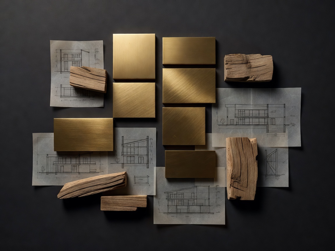 Beautifully styled architectural dark moodboard with gold metal tiles, oak fragments, and structural drawings