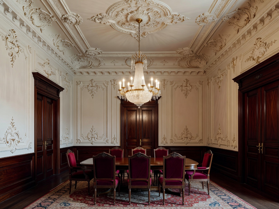 Classic elegant dining parlor with intricate wall molding, high plaster ceilings, and dark wooden details