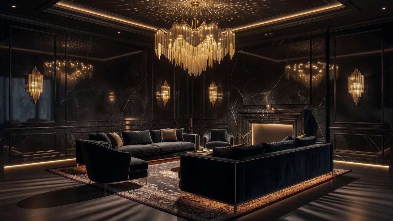 Exquisite moody luxury living room interior with custom golden fixtures, black marble details, and warm bespoke ambient light