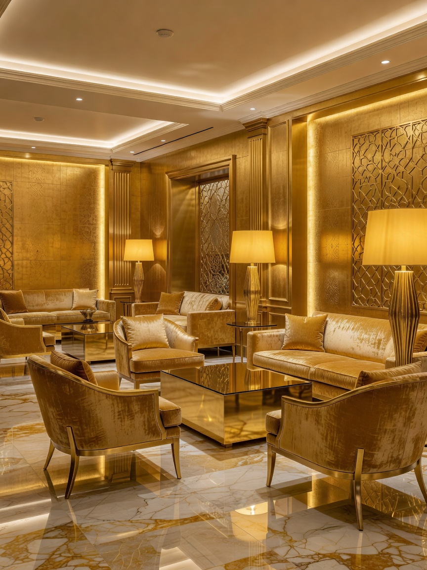 High-end dark dining room interior design concept by LuxArte Warsaw featuring gold accent lighting and dark marble tables