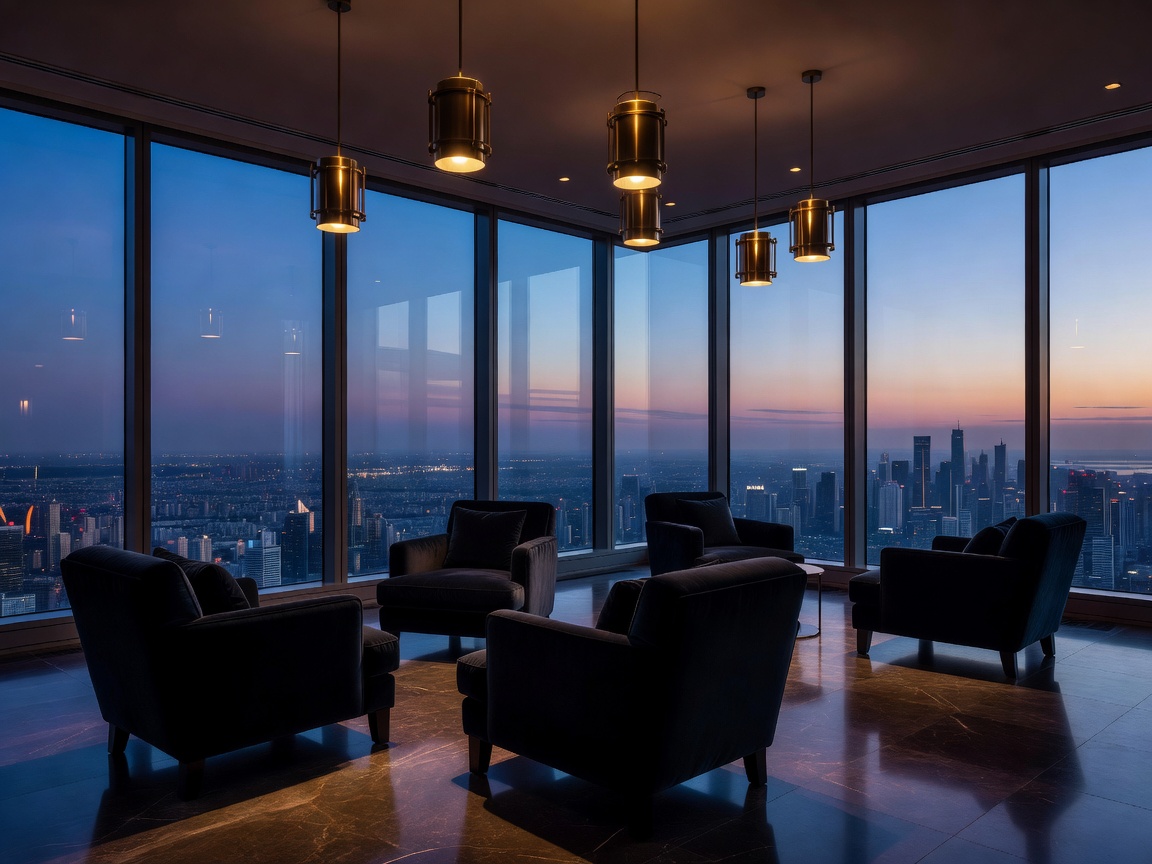 Penthouse suite with panoramic window walls, dark velvet lounge chairs, and brass ceiling lamps
