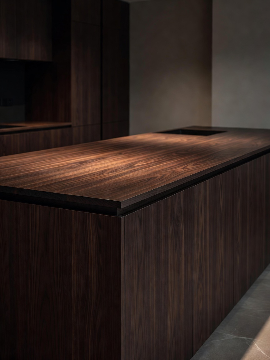 Sophisticated sleek custom kitchen with deep stained wood and gold-veined marble splashbacks by JT Grupa