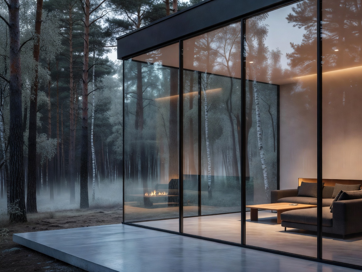 Sublime exterior-interior glass threshold of a modern forest villa in Warsaw